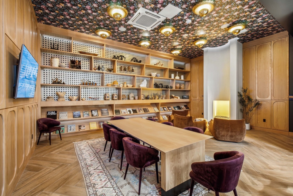 library wall with fireplace