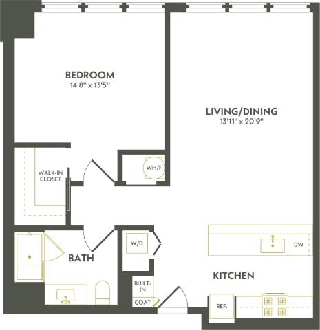 Rendering of the A11.1 floor plan with 1 bedroom[s] and 1 bathroom[s] at Albion Lawrenceville