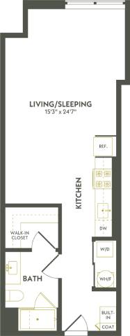 Rendering of the S2.1 floor plan with a Studio bedroom and 1 bathroom[s] at Albion Lawrenceville