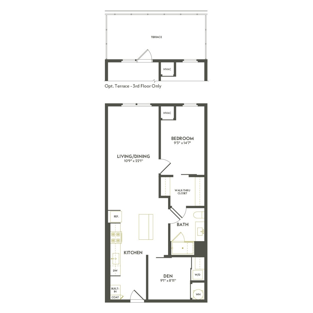 Rendering of the B1.3 floor plan with 1 bedroom[s] and 1 bathroom[s] at Albion Lawrenceville